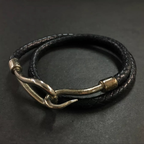 Hermes Jewelry - HERMES Jumbo Double Wrap Bangle Bracelet Leather Silver Black Tone.